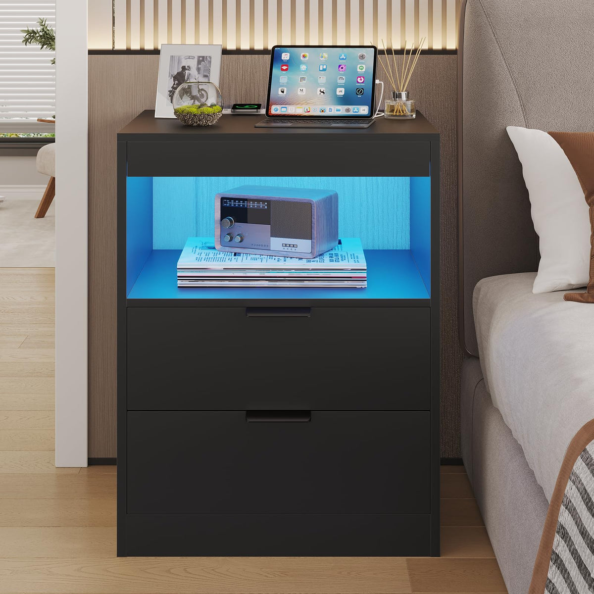 Black LED Nightstand with Wireless Charging Station and 2 Drawers P67784