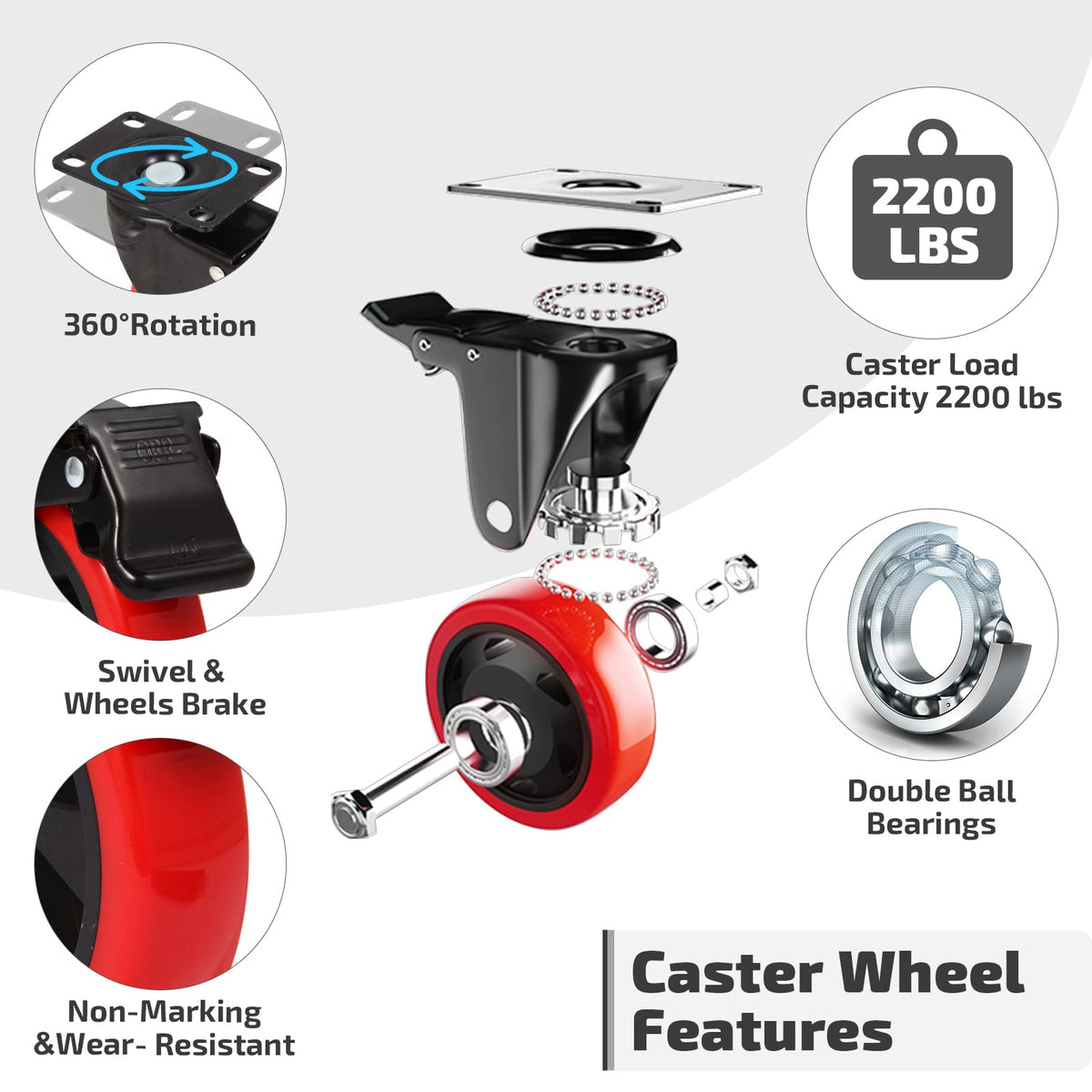 5 Inch Swivel Caster Wheel Set of 4 with Brake J19636