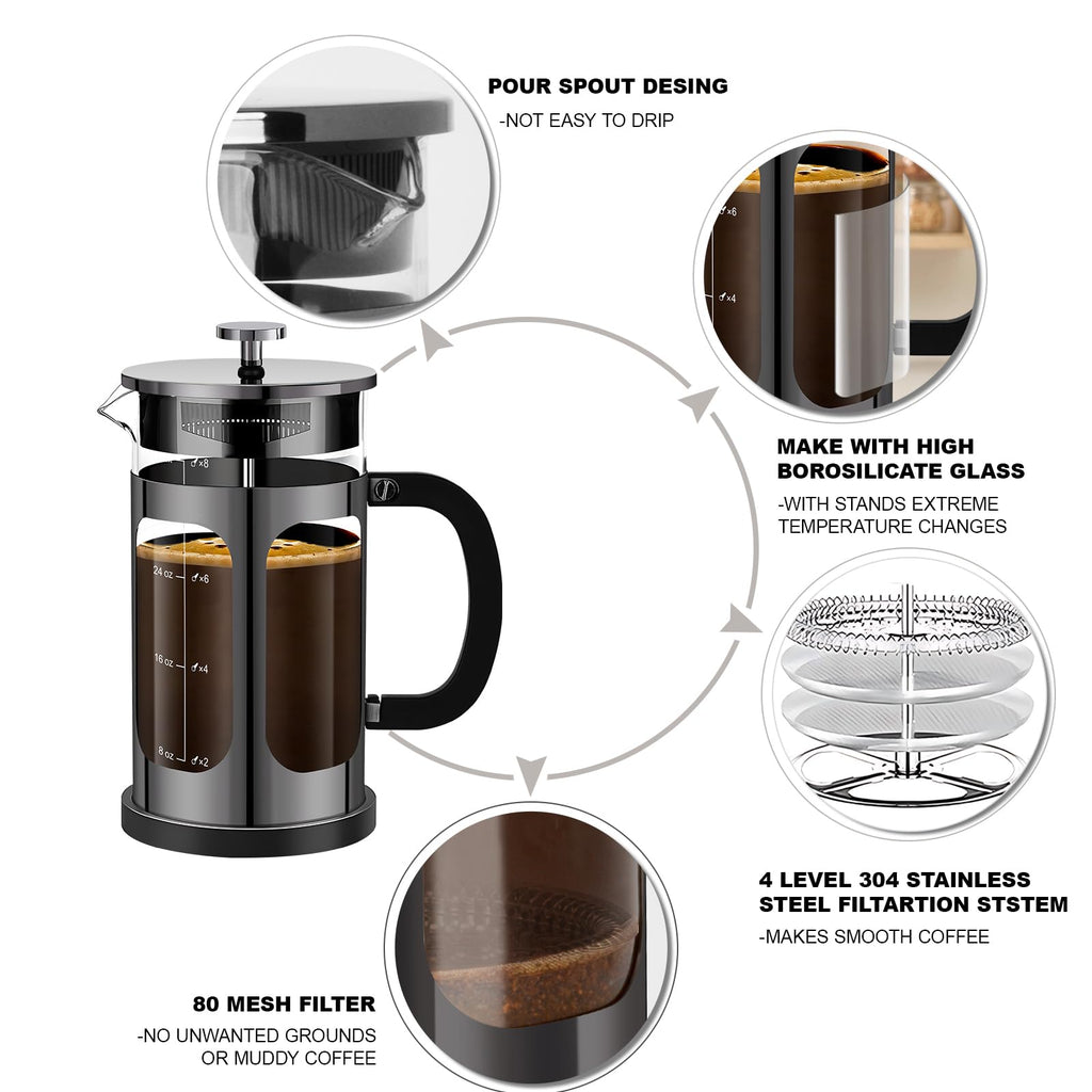French Press Coffee Maker 34oz with 4 Filters Borosilicate Glass N542