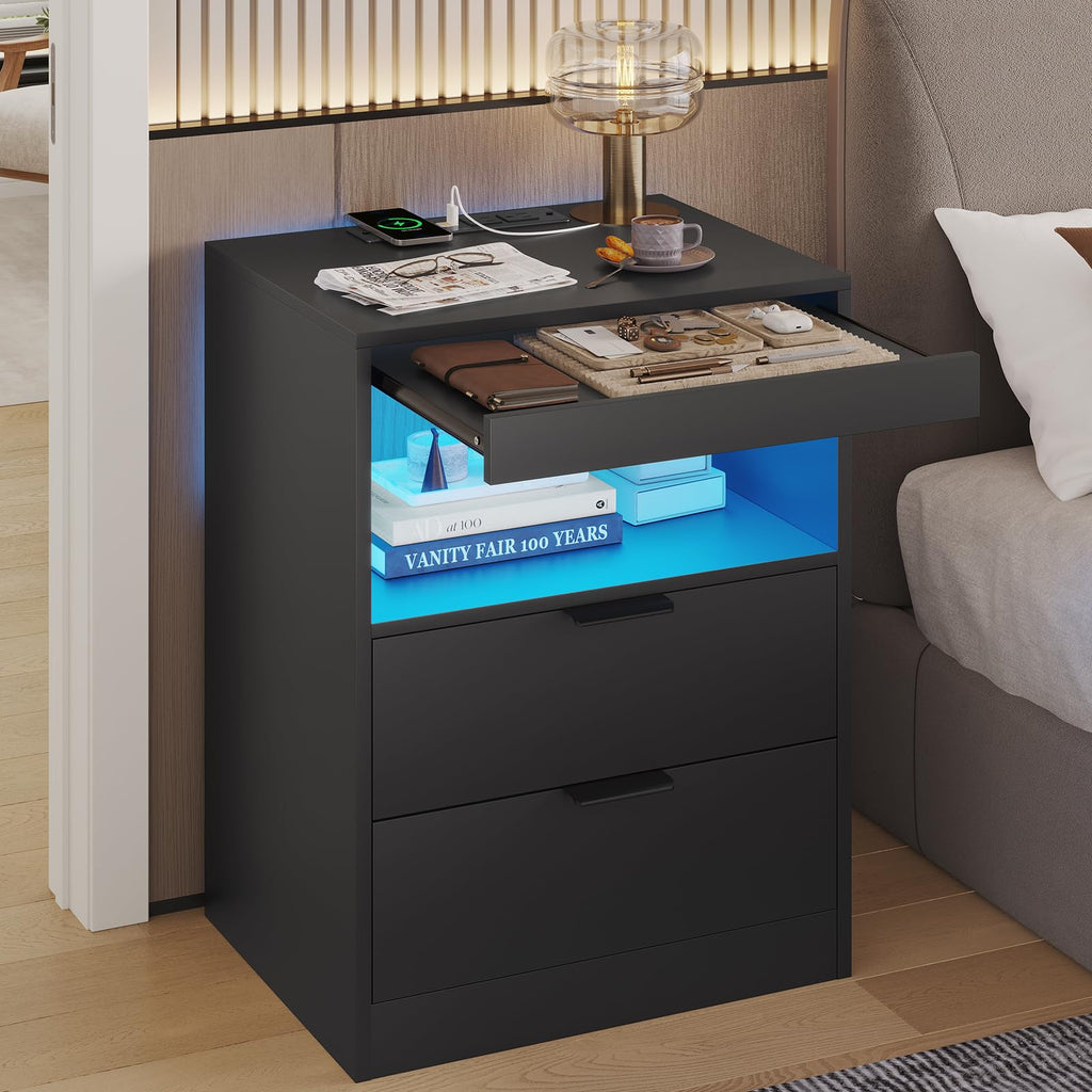 Black LED Nightstand with Wireless Charging Station and 2 Drawers P67784