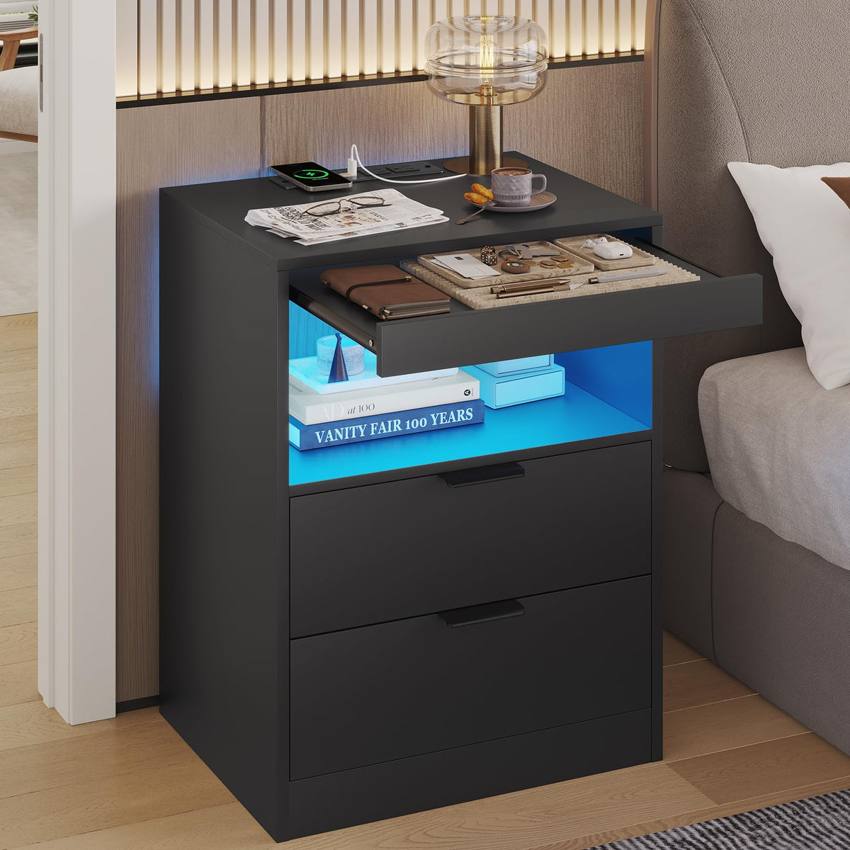 Black LED Nightstand with Wireless Charging Station and 2 Drawers P67784