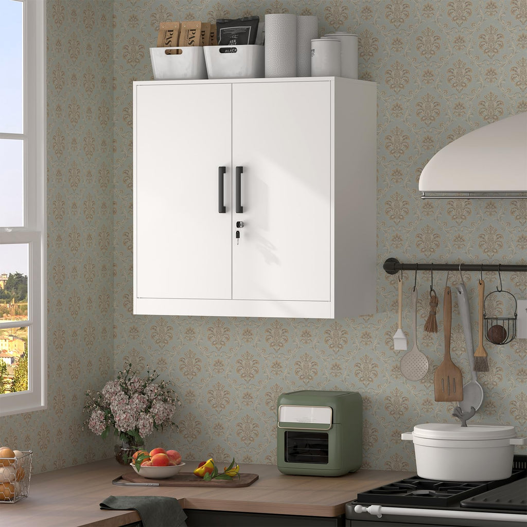 Lockable White Wall Cabinet with Adjustable Shelf Y2247