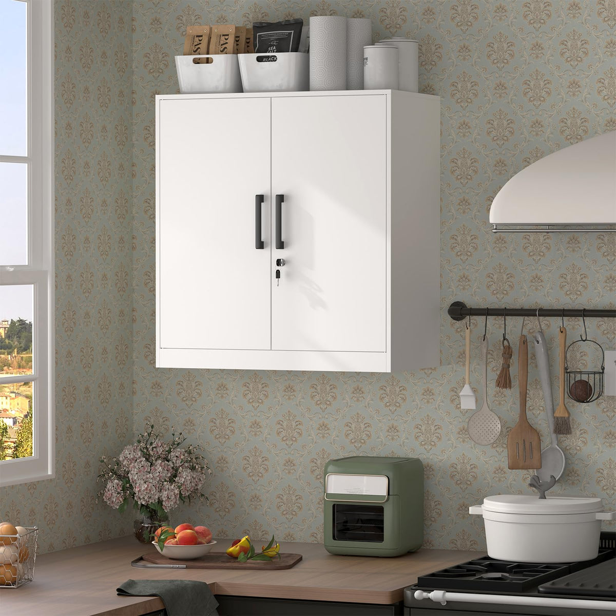 Lockable White Wall Cabinet with Adjustable Shelf Y2247