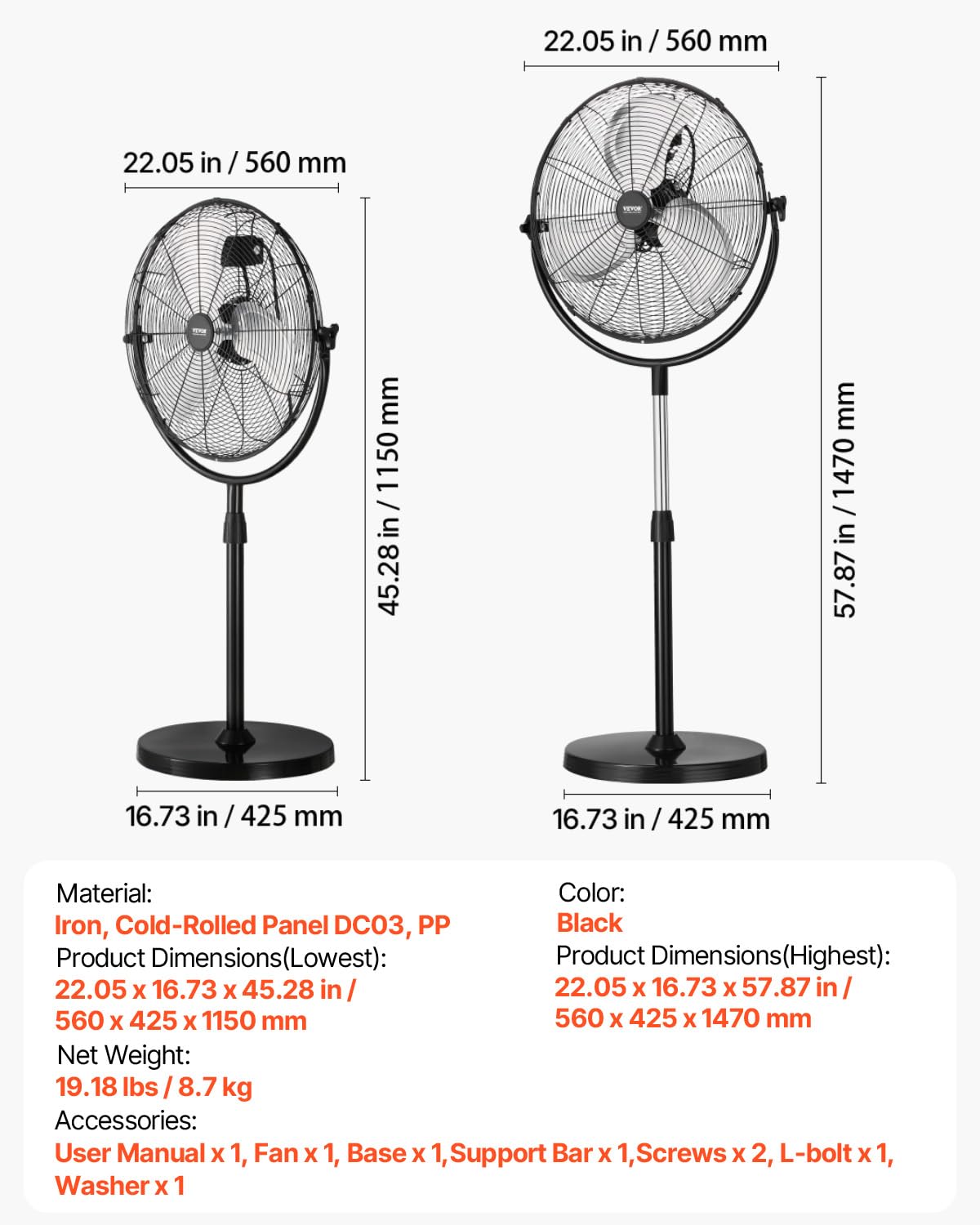 18 Inch Adjustable Height Standing Fan with 3 Speeds, Black V730