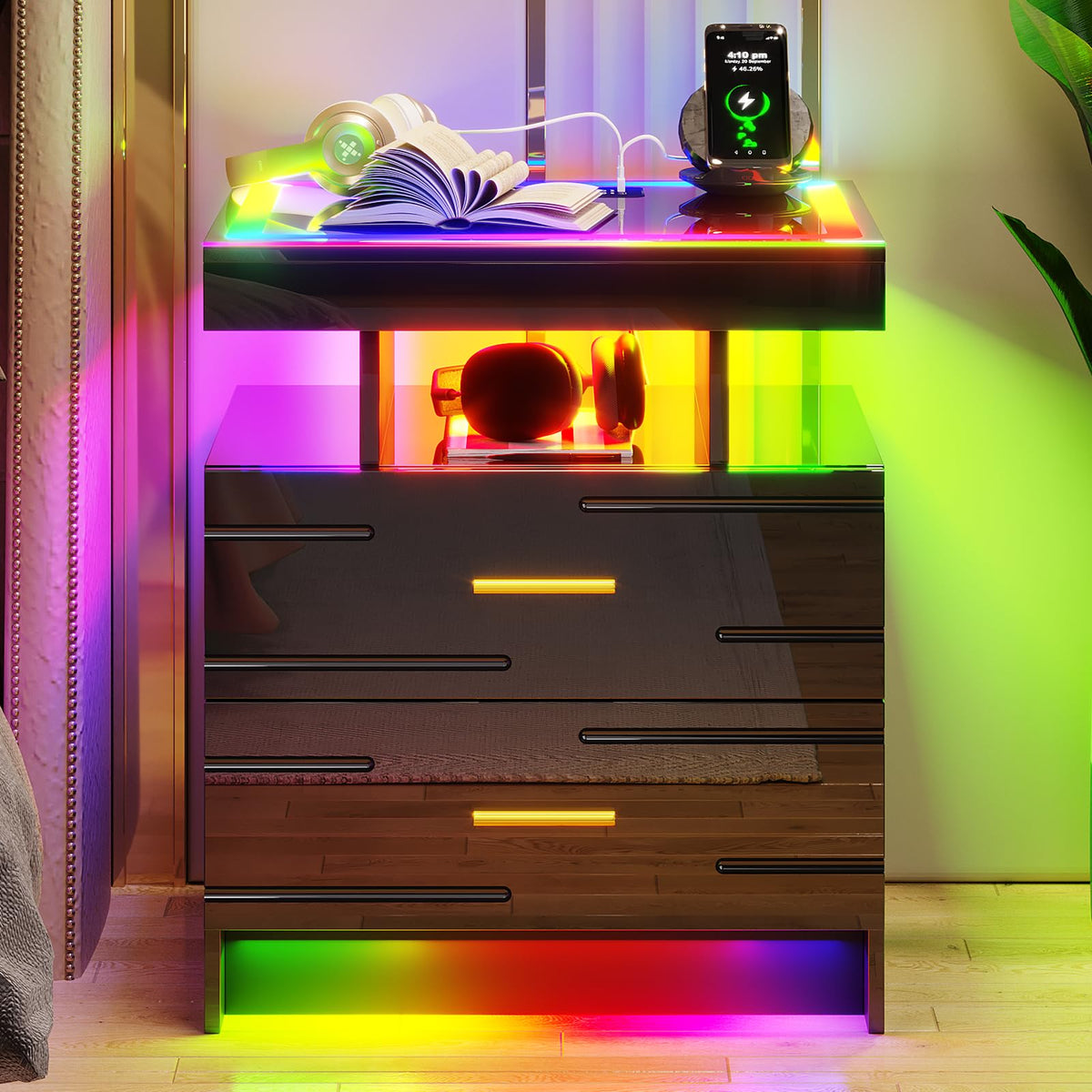 Black Smart Nightstand with Wireless Charging Station F20361