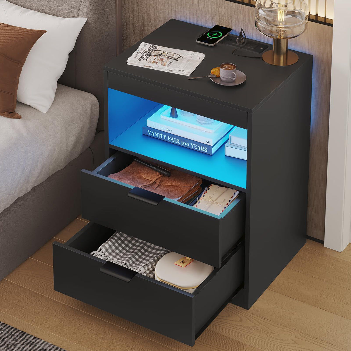 Black LED Nightstand with Wireless Charging Station and 2 Drawers P67784