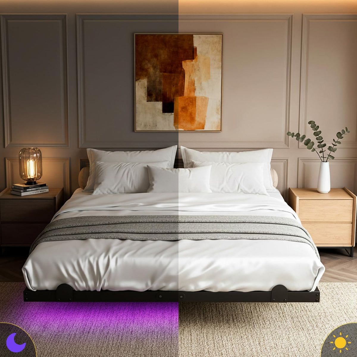 Queen Floating Bed Frame with LED Lights and Charging Station G68573