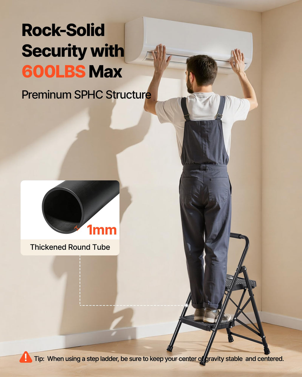 2 Step Folding Steel Ladder 600 lbs Capacity Black T95937