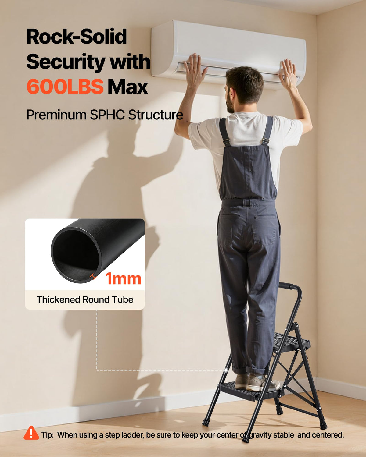 2 Step Folding Steel Ladder 600 lbs Capacity Black T95937