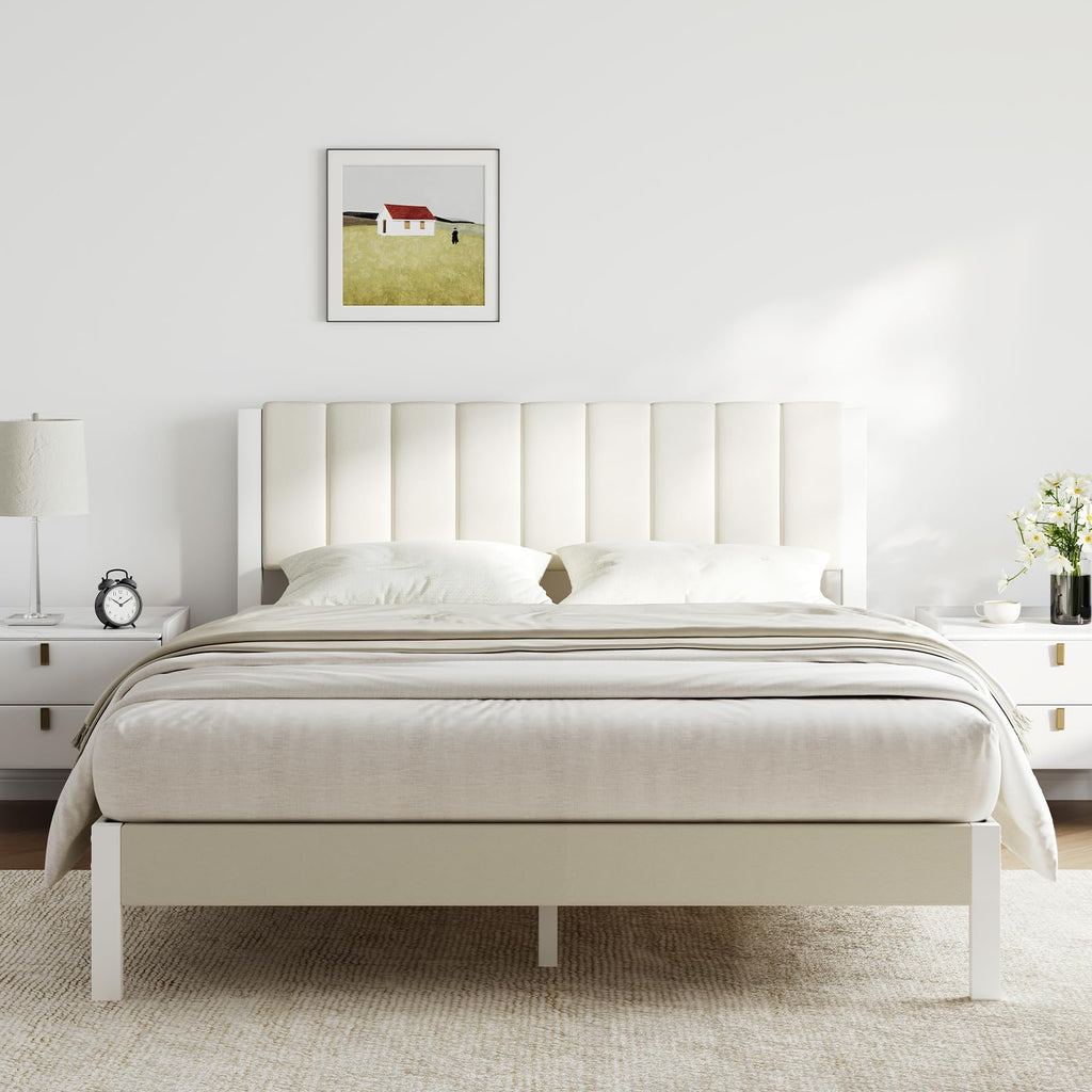 Full Size Metal Platform Bed Frame with Velvet White Headboard E184915