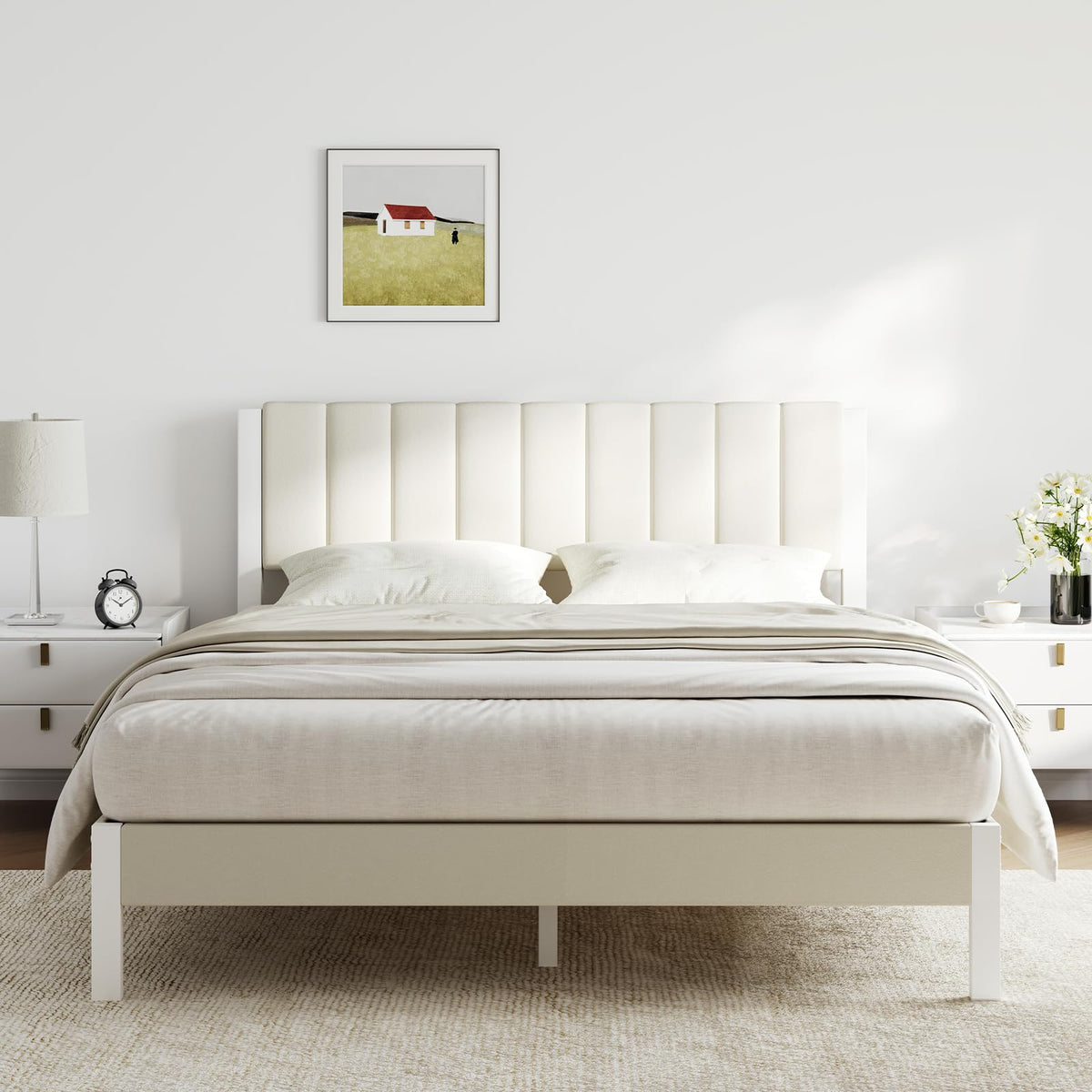 Full Size Metal Platform Bed Frame with Velvet White Headboard E184915