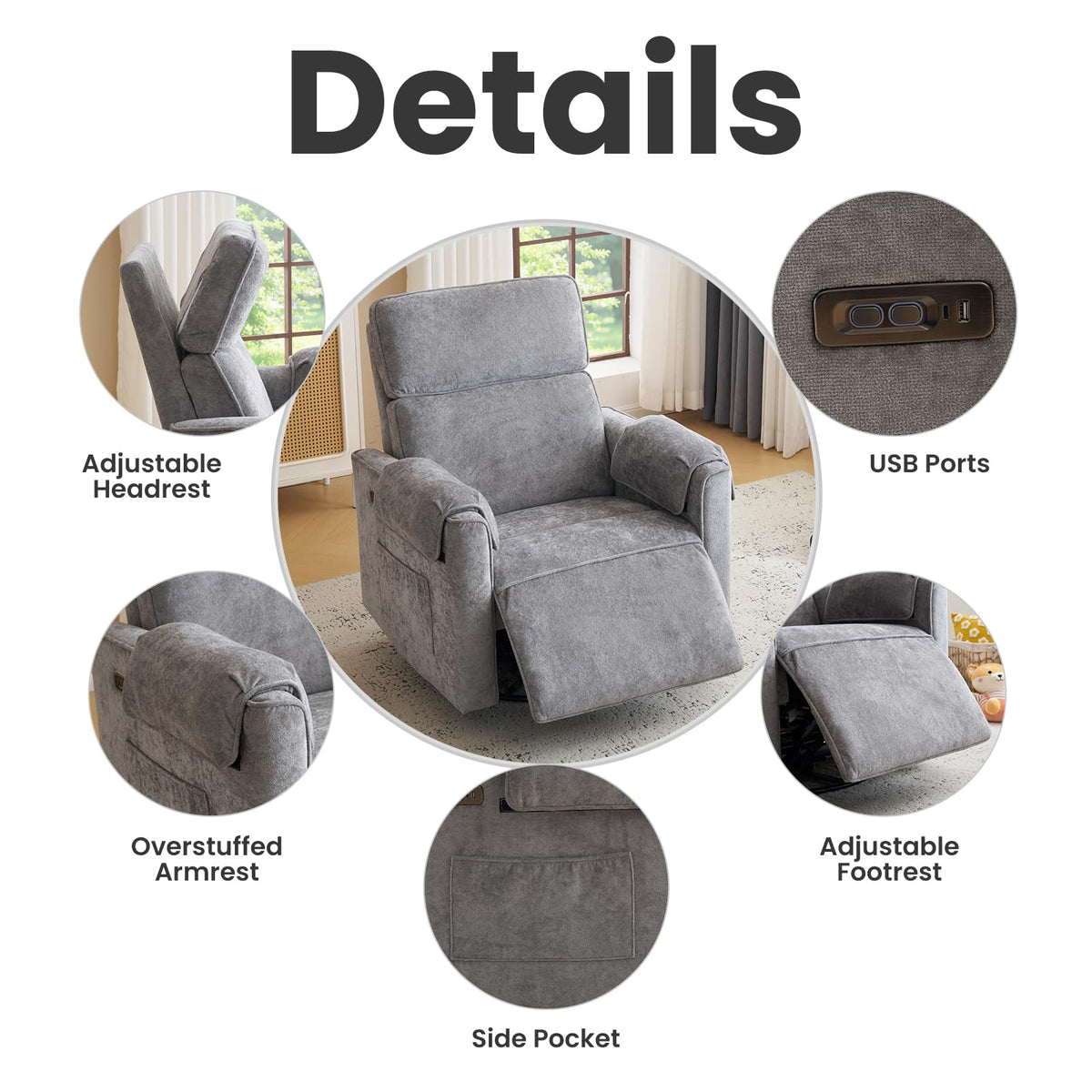 Oversized Swivel Rocking Recliner Chair with USB Ports, Grey R450