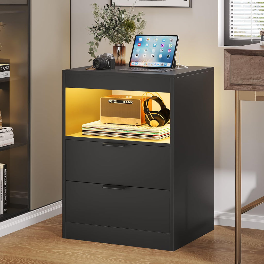 Black LED Nightstand with Wireless Charging Station and 2 Drawers P67784