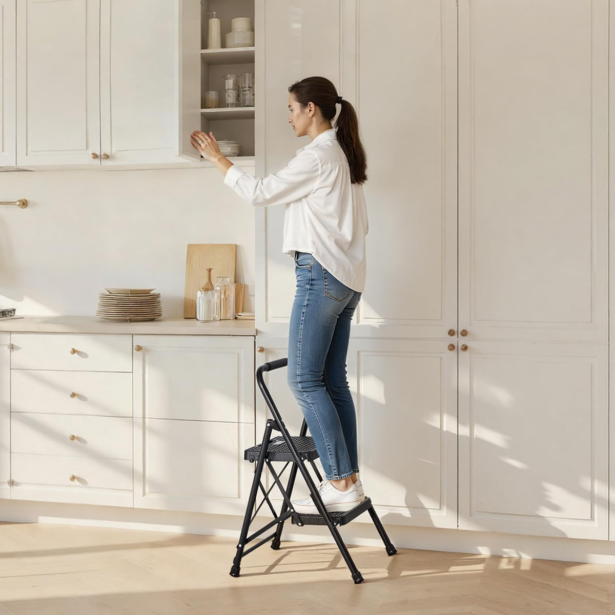 2 Step Folding Steel Ladder 600 lbs Capacity Black T95937