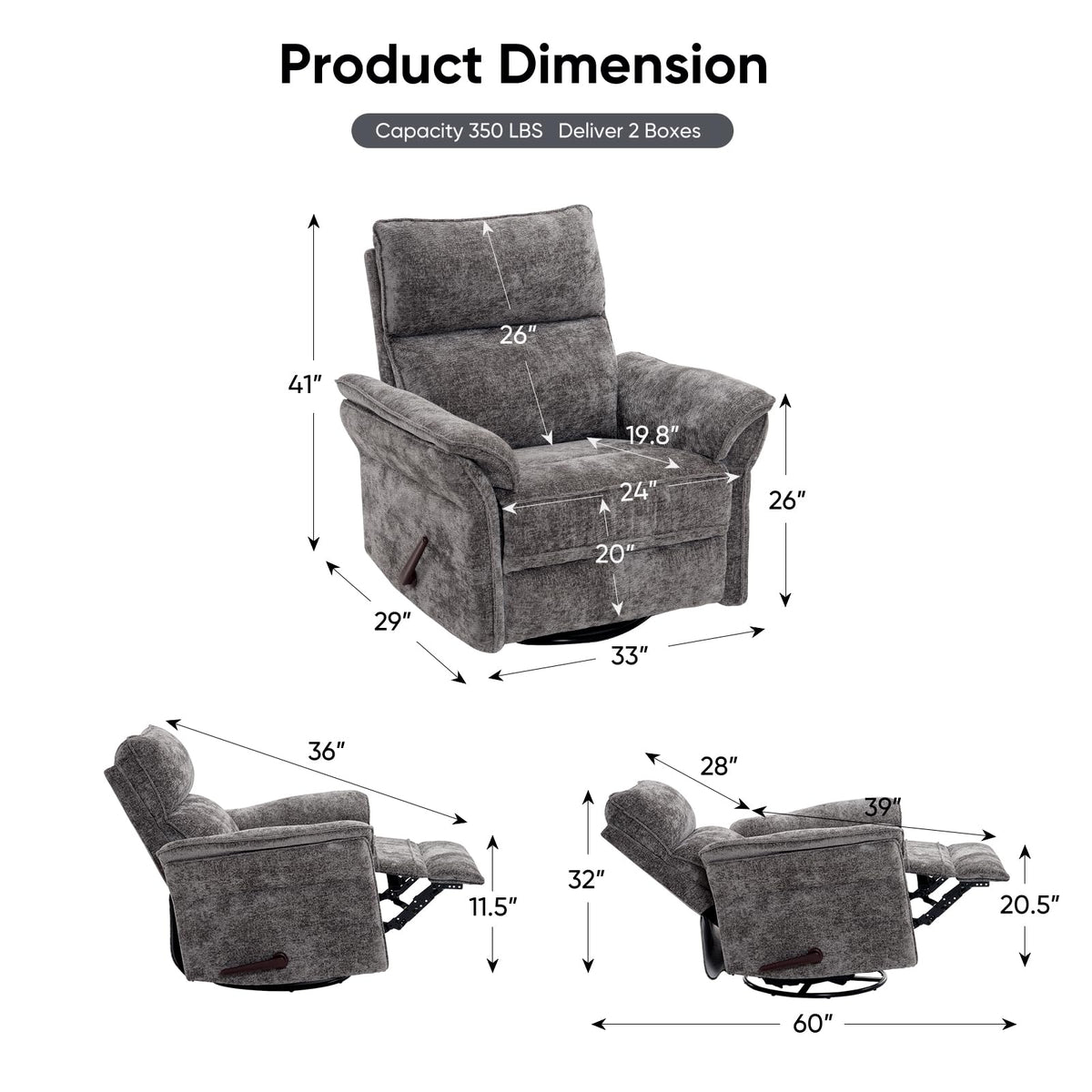 Oversized Chenille Swivel Rocker Recliner with Adjustable Headrest E9367