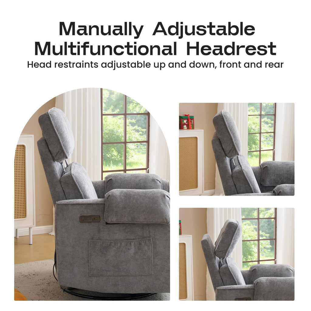 Oversized Swivel Rocking Recliner Chair with USB Ports, Grey R450