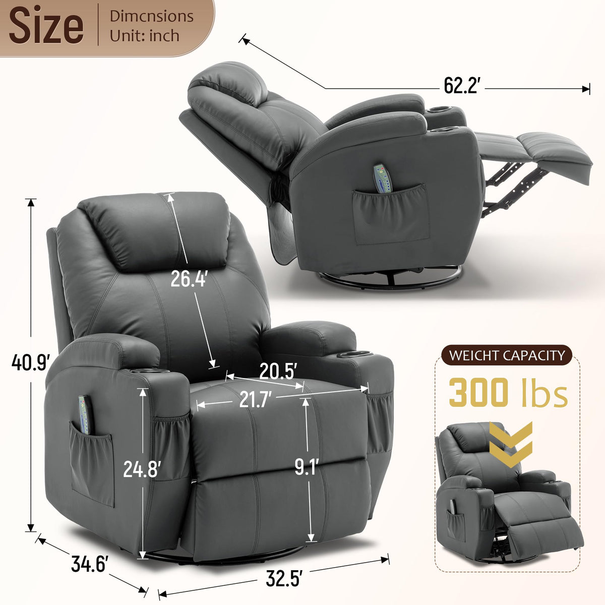 Massage Heat 360° Swivel Rocking Recliner Chair with Remote and Cup Holder U58376