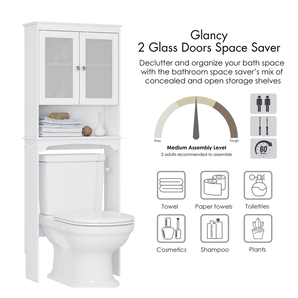 Over the Toilet Storage Cabinet with Tempered Glass Doors E1443