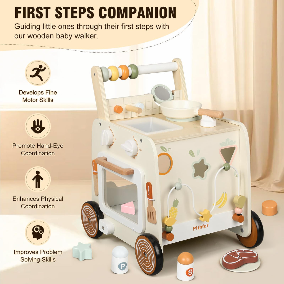 Wooden Baby Push Walker with Pretend Kitchen T607699