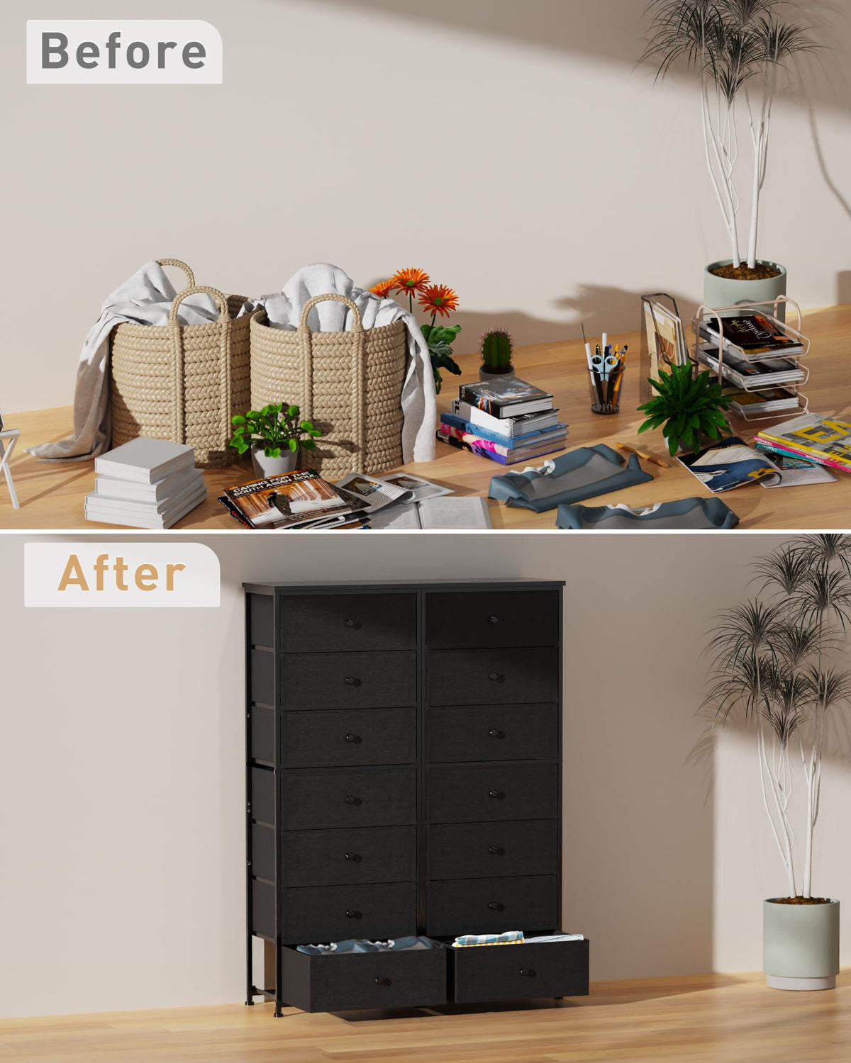 Tall Fabric 7 Drawer Dresser with Steel Frame Wood Top E11485