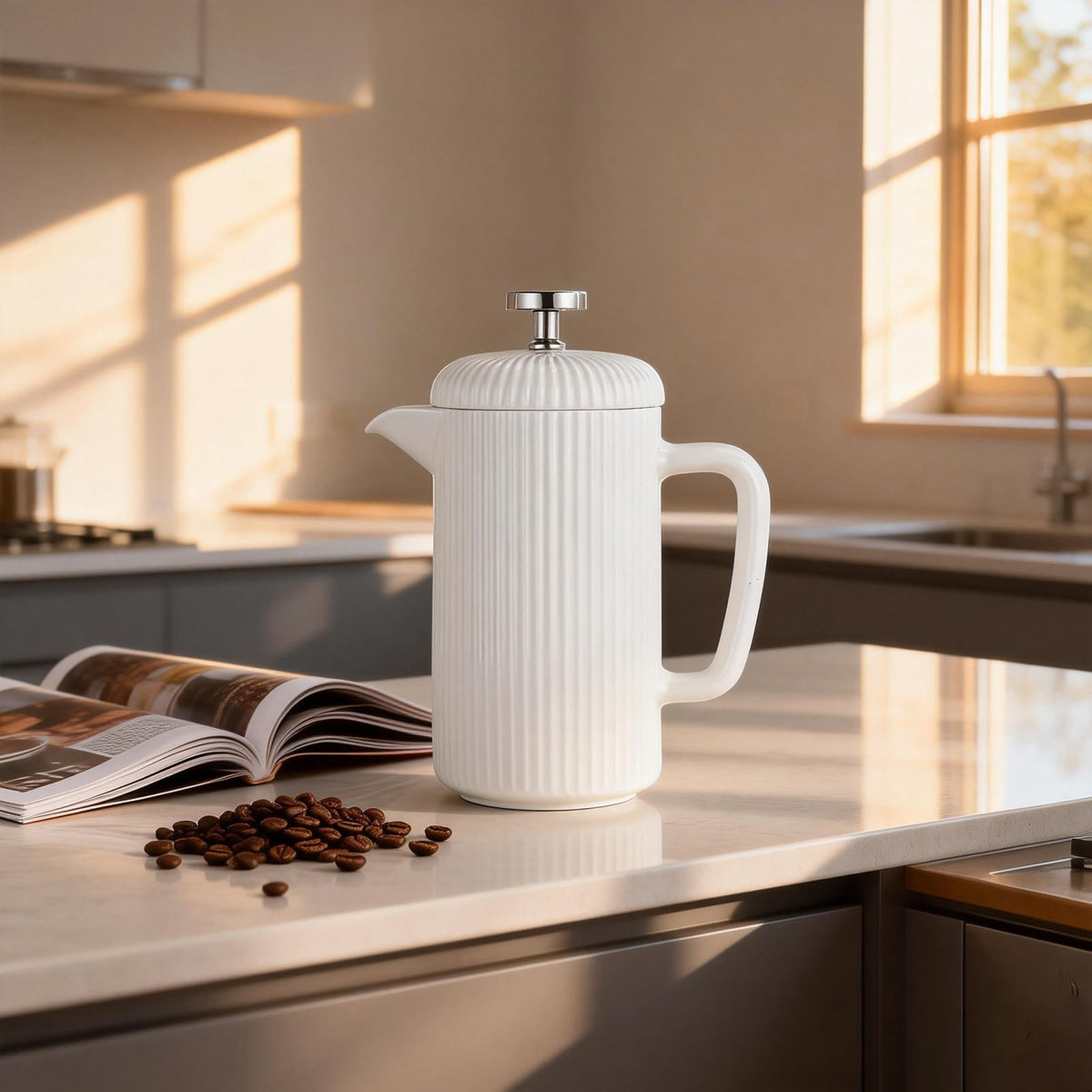 Porcelain French Press 22 fl oz Coffee Tea Maker with Stainless Steel Plunger Ivory M910088