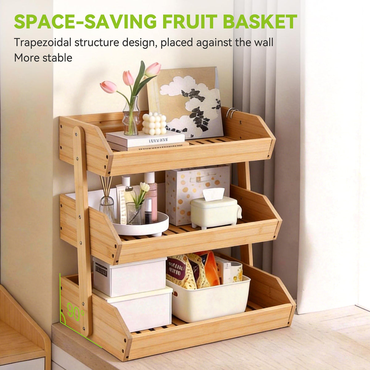 3 Tier Bamboo Fruit Basket with 2 Banana Hangers H1201