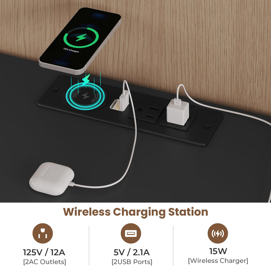 Black LED Nightstand with Wireless Charging Station and 2 Drawers P67784