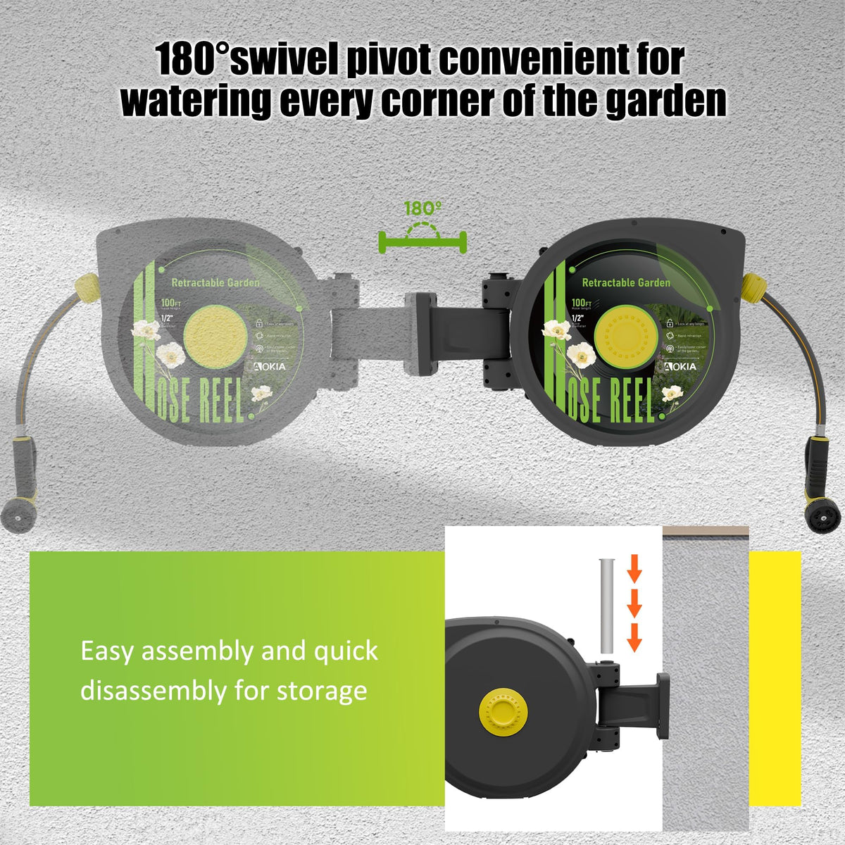 Retractable Garden Hose Reel, 1/2 in x 100 ft Wall Mounted Heavy Duty with 9 Patterns Nozzle S667570