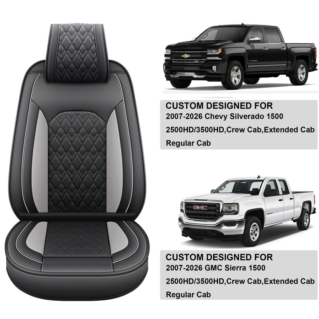 Leather Seat Covers for Chevy Silverado GMC Sierra, Custom Fit, Front Pair, Black Grey H353