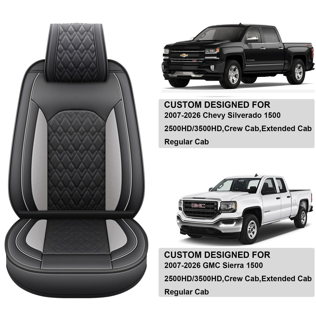 Leather Seat Covers for Chevy Silverado GMC Sierra, Custom Fit, Front Pair, Black Grey H353