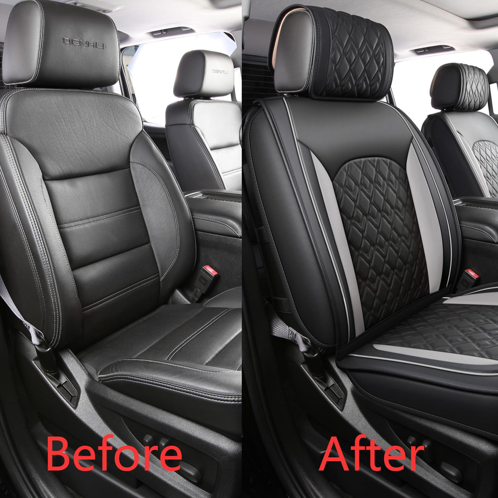 Leather Seat Covers for Chevy Silverado GMC Sierra, Custom Fit, Front Pair, Black Grey H353