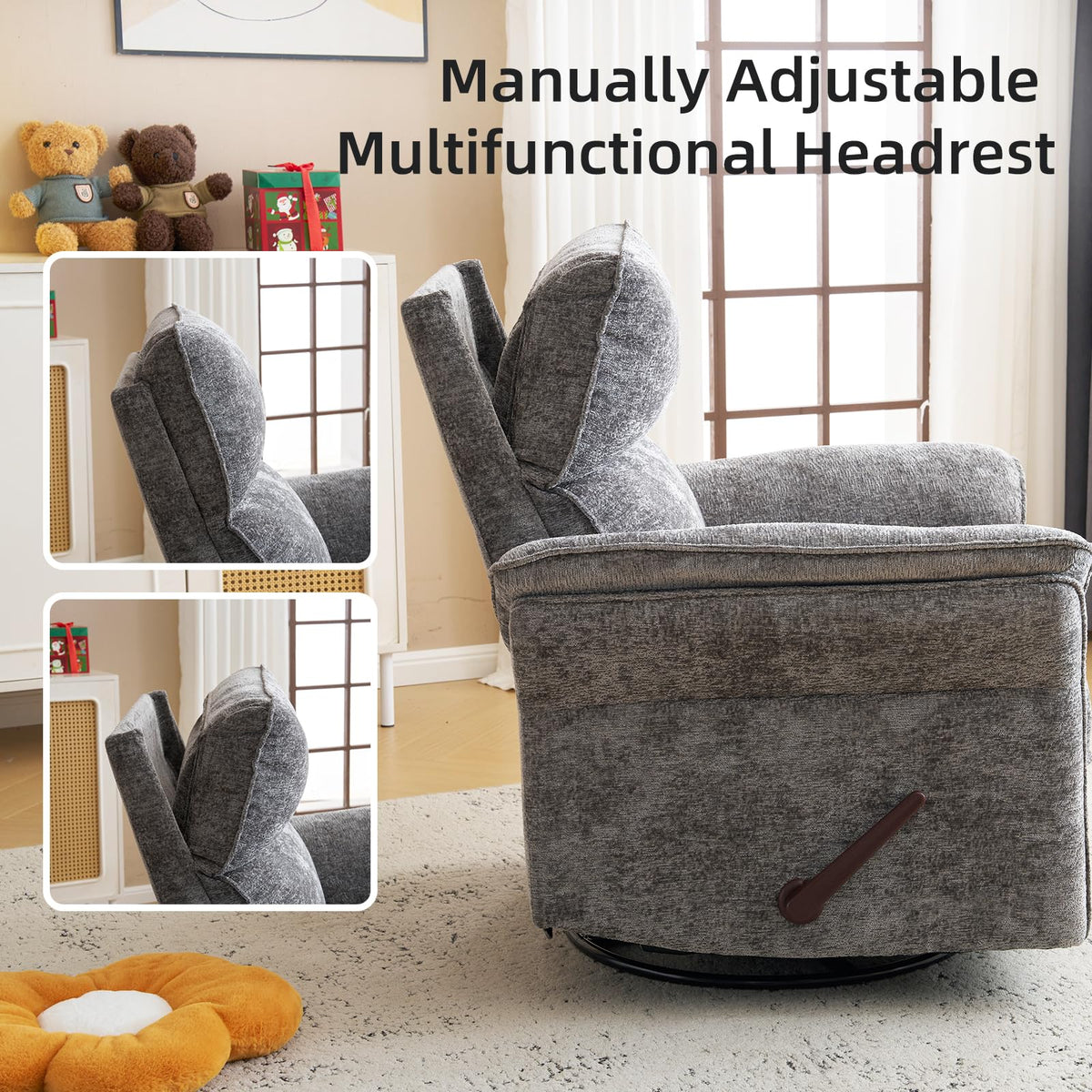 Oversized Chenille Swivel Rocker Recliner with Adjustable Headrest E9367