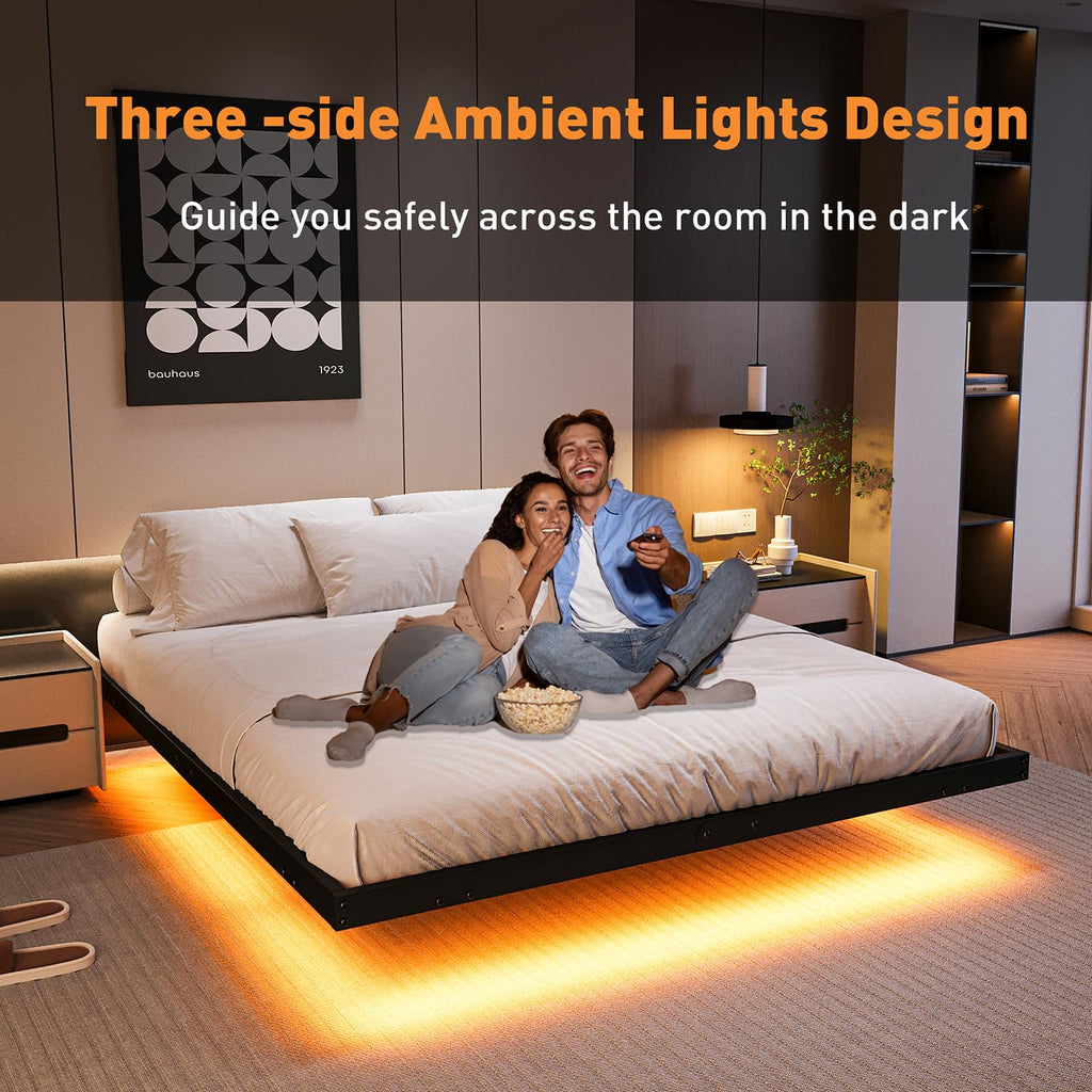 Queen Floating Bed Frame with LED Lights and Charging Station G68573