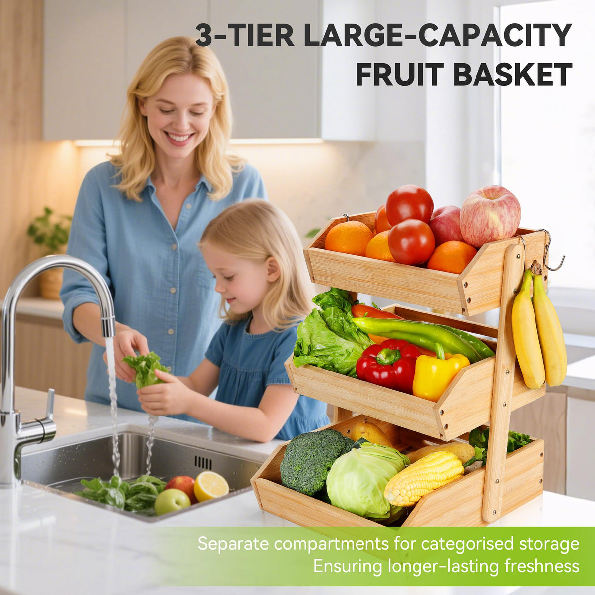 3 Tier Bamboo Fruit Basket with 2 Banana Hangers H1201
