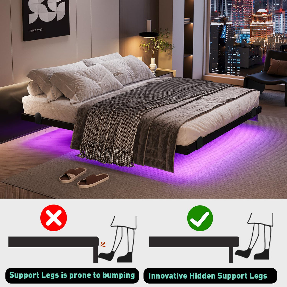 Queen Floating Bed Frame with LED Lights and Charging Station G68573