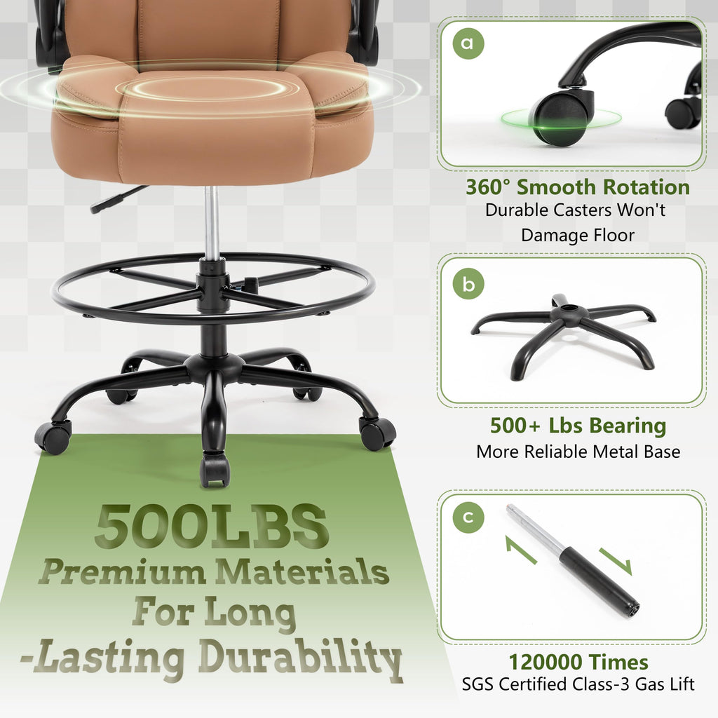 Brown High Back Upholstered Drafting Chair with Flip-up Armrests K359379