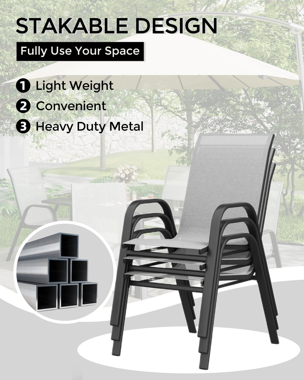 4 Pcs Stackable Grey Metal Textilene Patio Chairs H542994