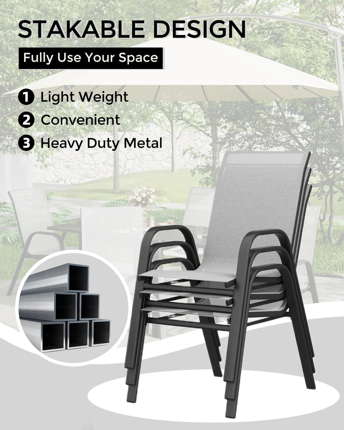 4 Pcs Stackable Grey Metal Textilene Patio Chairs H542994