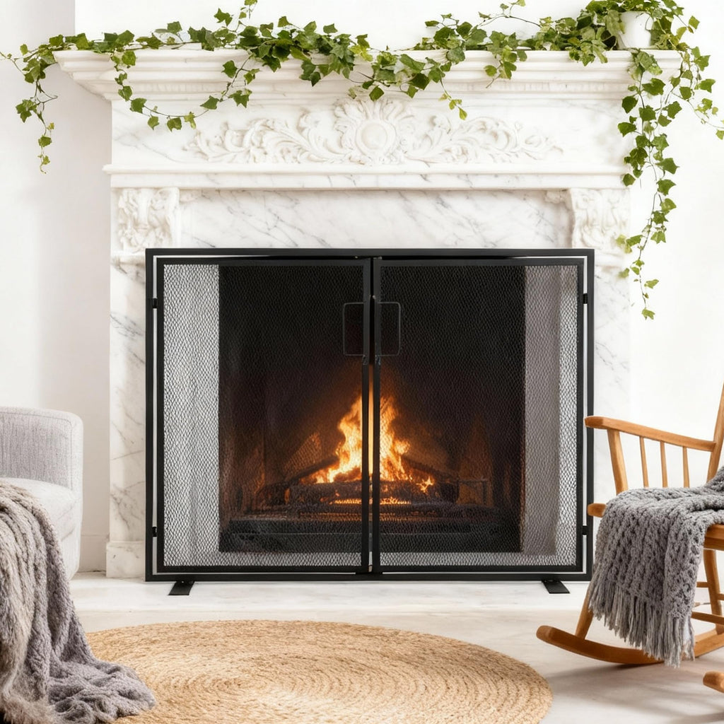 Black 2 Panel Fireplace Screen with Hinged Doors K633381