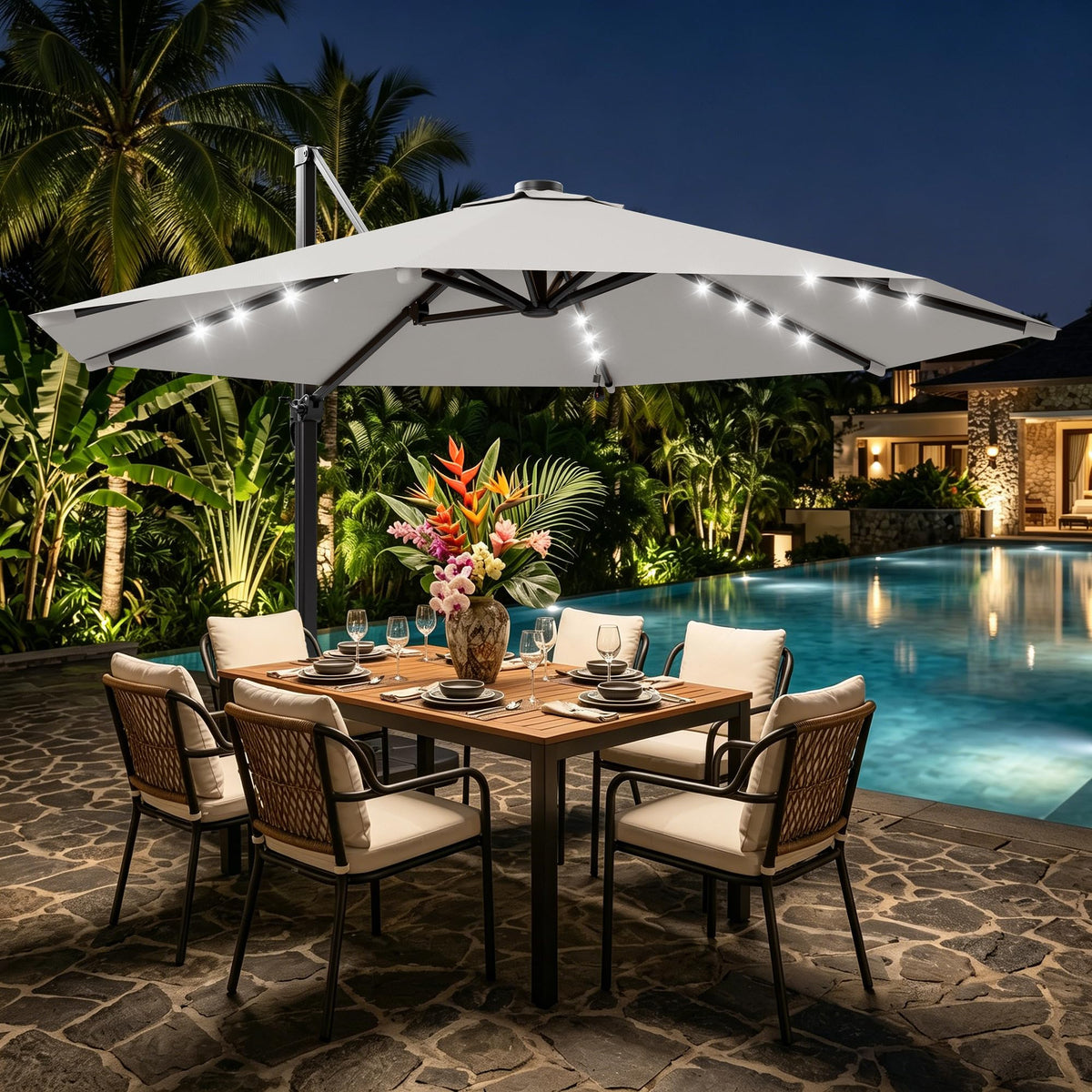9FT Cantilever Patio Umbrella with Lights L69866