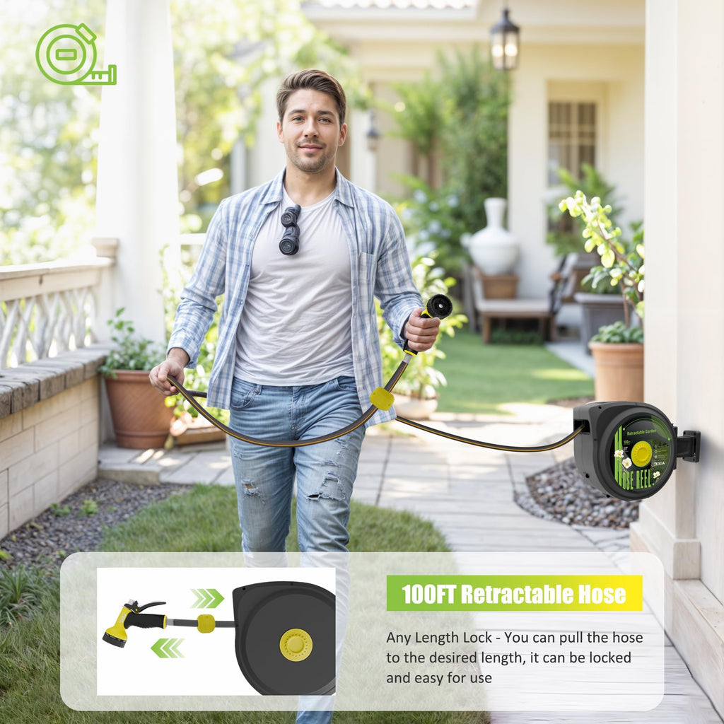 Retractable Garden Hose Reel, 1/2 in x 100 ft Wall Mounted Heavy Duty with 9 Patterns Nozzle S667570