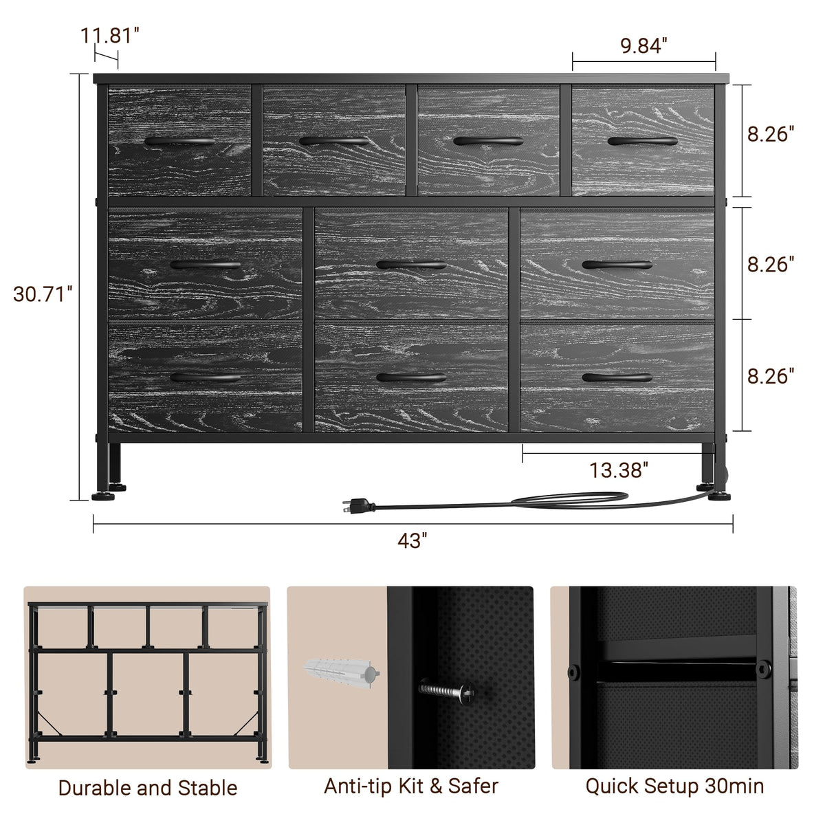 Black 10 Drawer Fabric Dresser C345