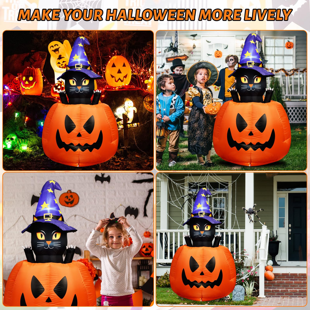 Halloween Inflatable Animated Witch Cat in Pumpkin B772258