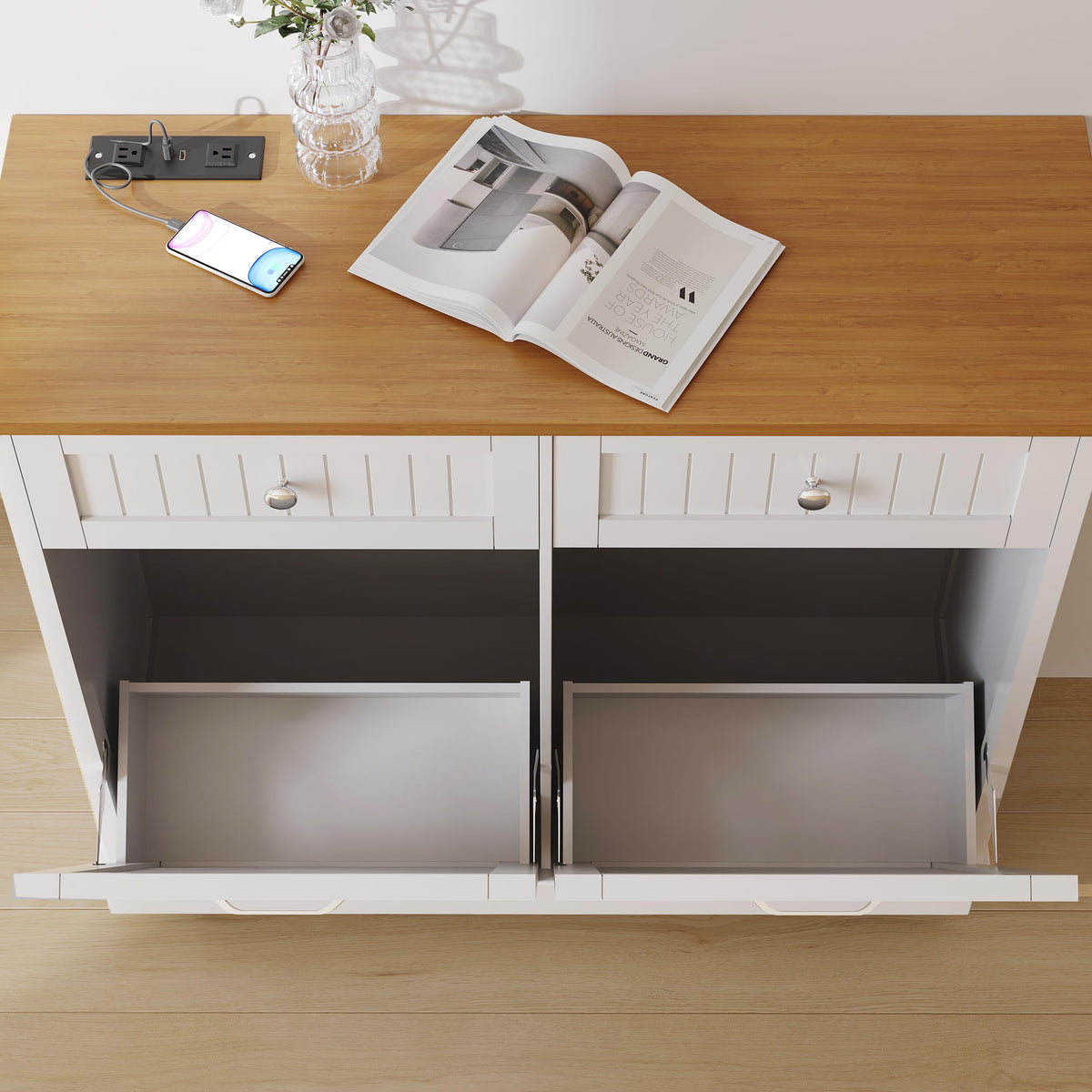 White 20 Gallon Tilt Out Trash Cabinet with Drawer Z40426