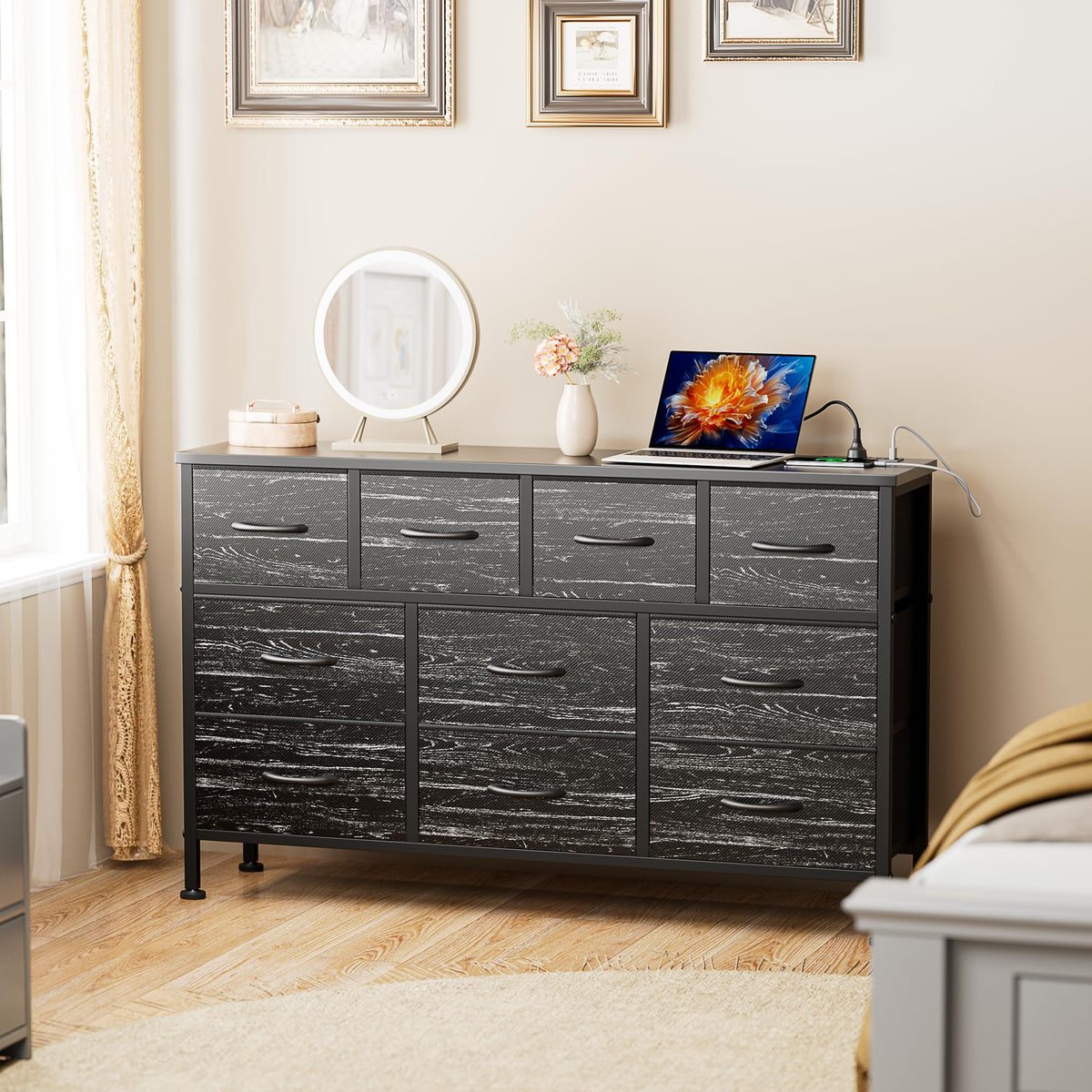 Black 10 Drawer Fabric Dresser C345
