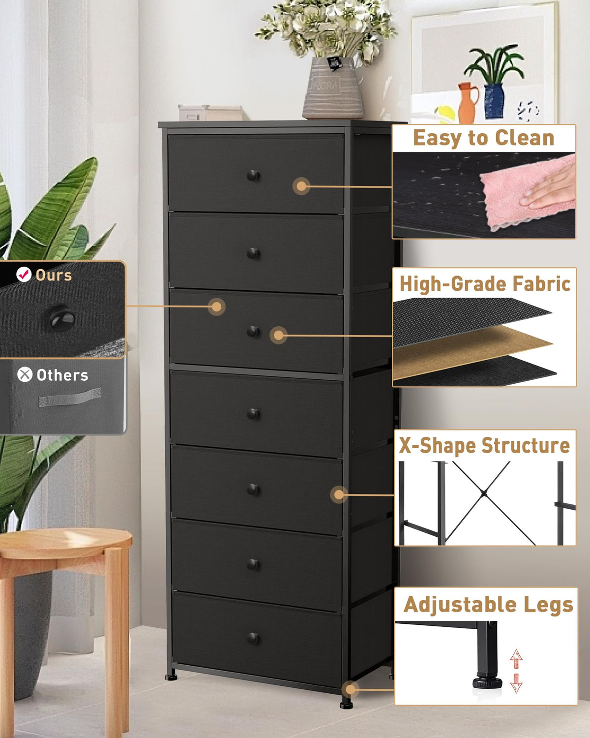 Tall Fabric 7 Drawer Dresser with Steel Frame Wood Top E11485