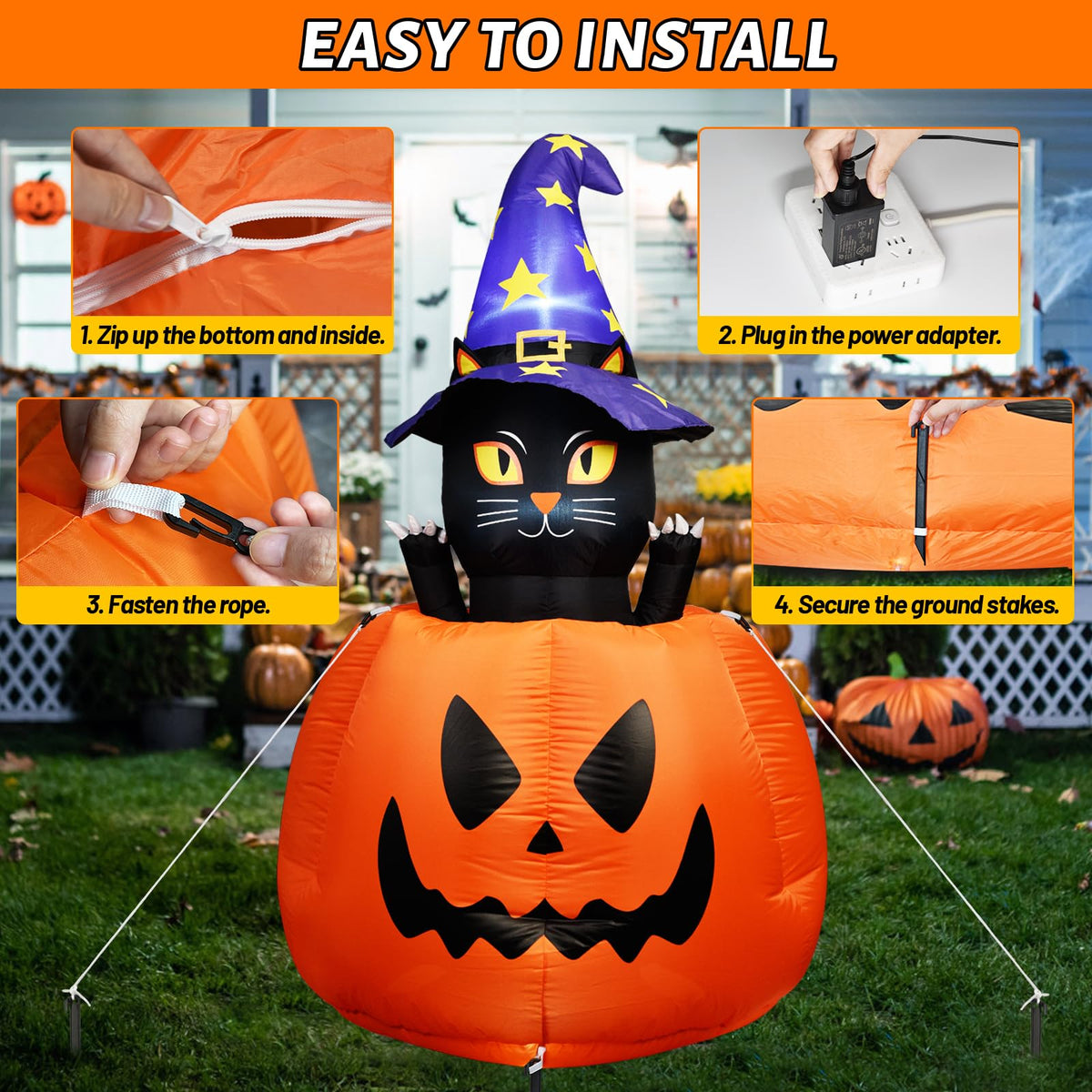 Halloween Inflatable Animated Witch Cat in Pumpkin B772258