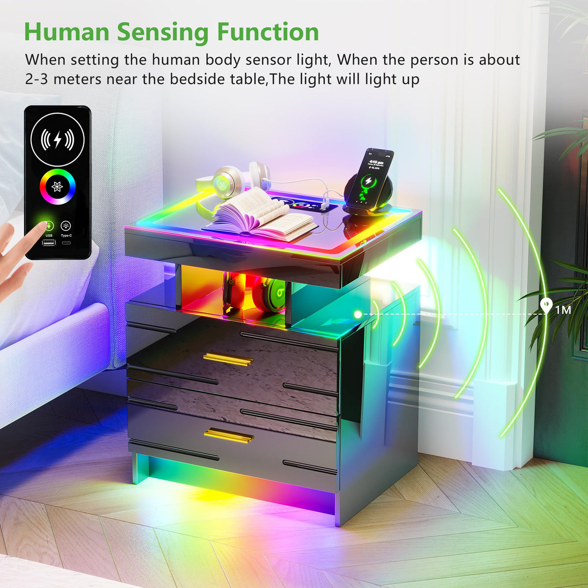 Black Smart Nightstand with Wireless Charging Station F20361