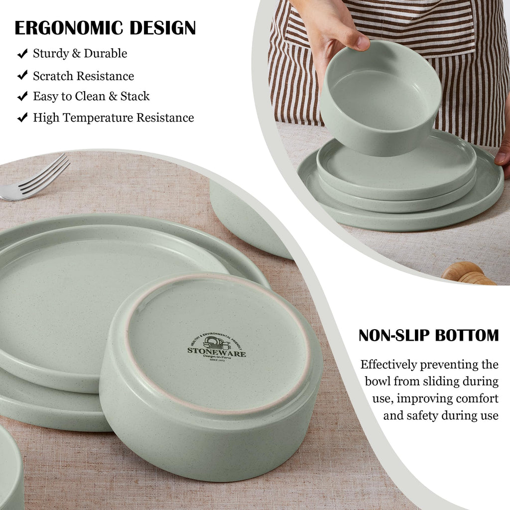 Stoneware Dinnerware Set with Pasta Bowls, 12 Pc Speckled Green Ceramic Plates and Bowls R528