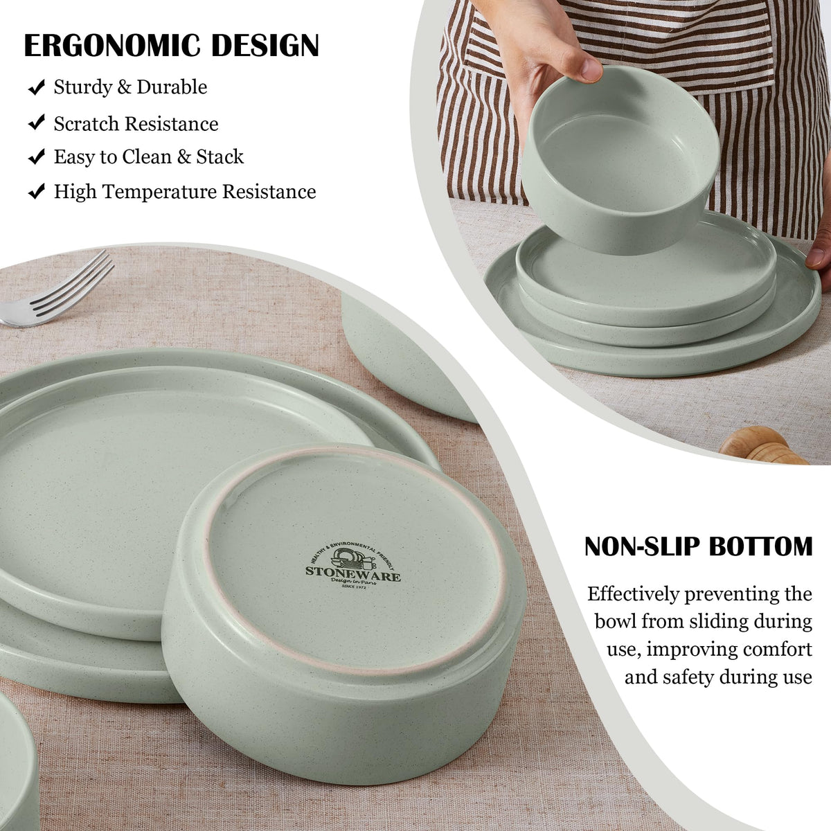 Stoneware Dinnerware Set with Pasta Bowls, 12 Pc Speckled Green Ceramic Plates and Bowls R528